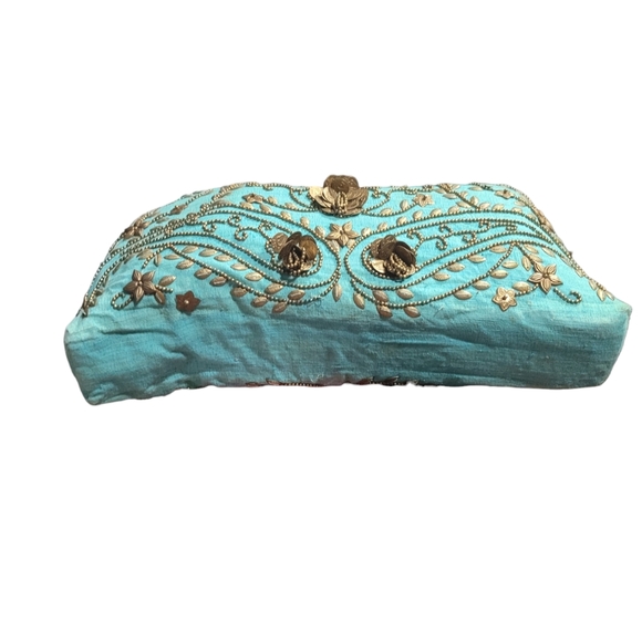 Moyna Beaded Textile Purse Handbag, Teal, Gold Beads - Picture 6 of 12